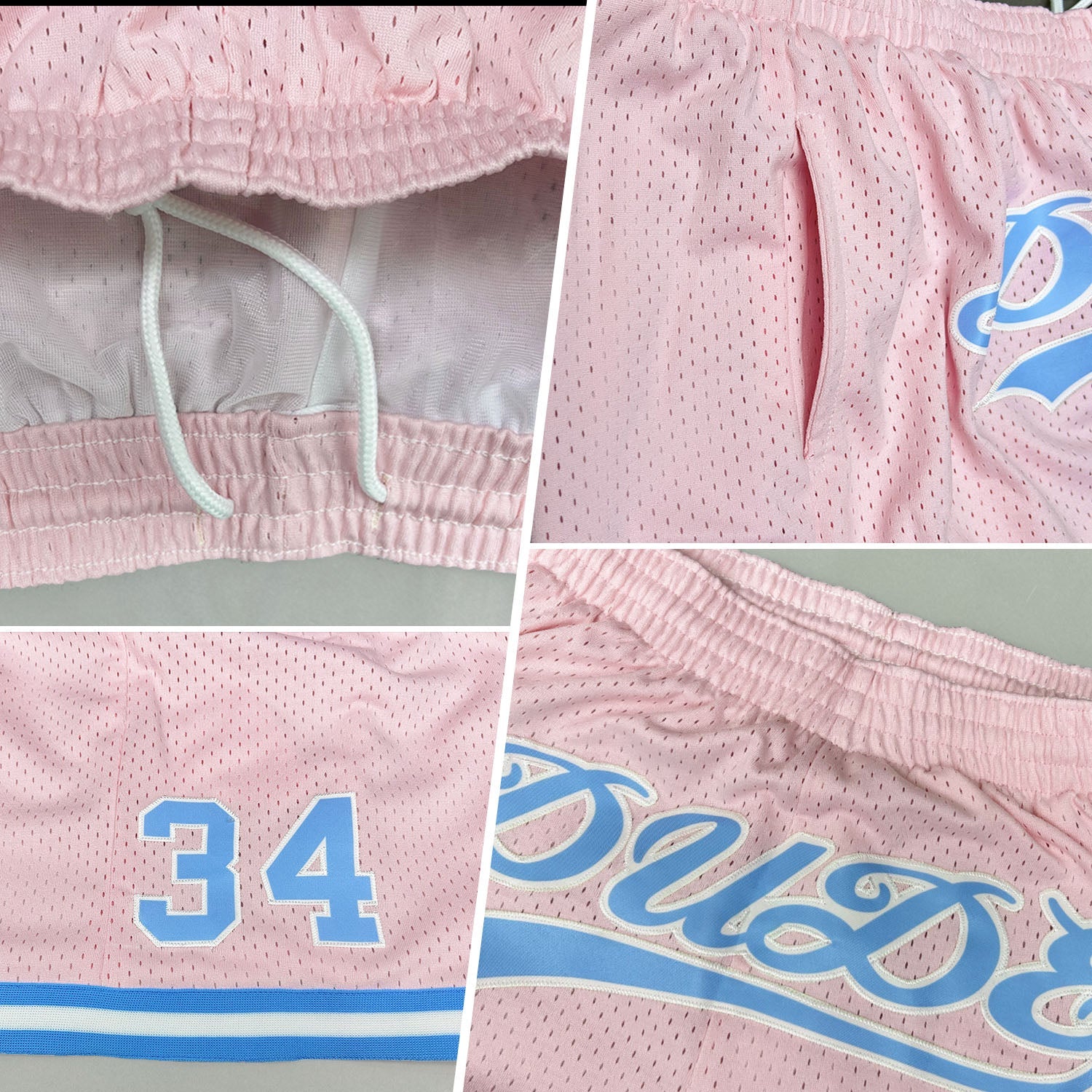Custom Light Pink Light Blue-White Authentic Throwback Basketball Shorts view 2