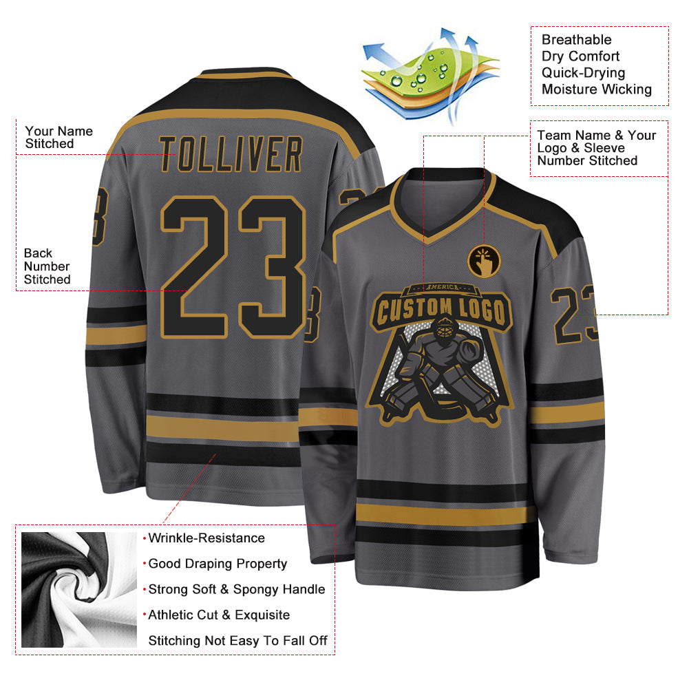 Custom Steel Gray Black-Old Gold Hockey Jersey view 3