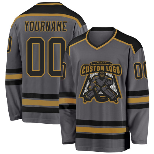 Custom Steel Gray Black-Old Gold Hockey Jersey - Main View