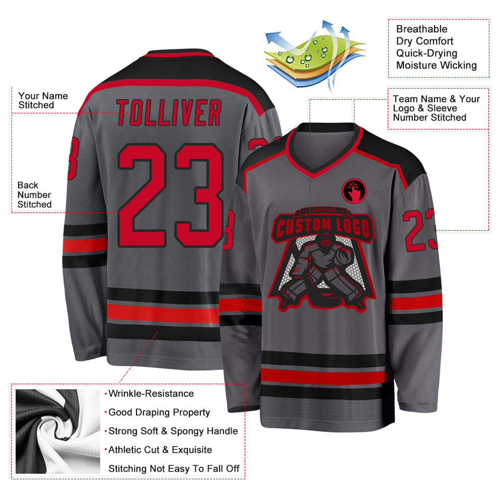 Custom Steel Gray Red-Black Hockey Jersey view 3