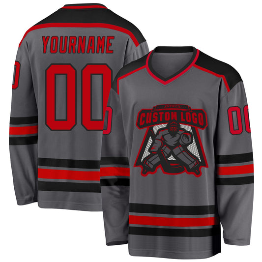 Custom Steel Gray Red-Black Hockey Jersey - Main View