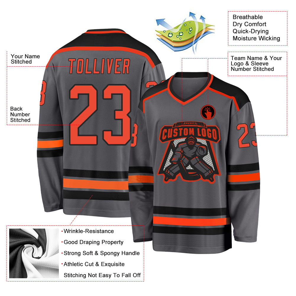 Custom Steel Gray Orange-Black Hockey Jersey view 3