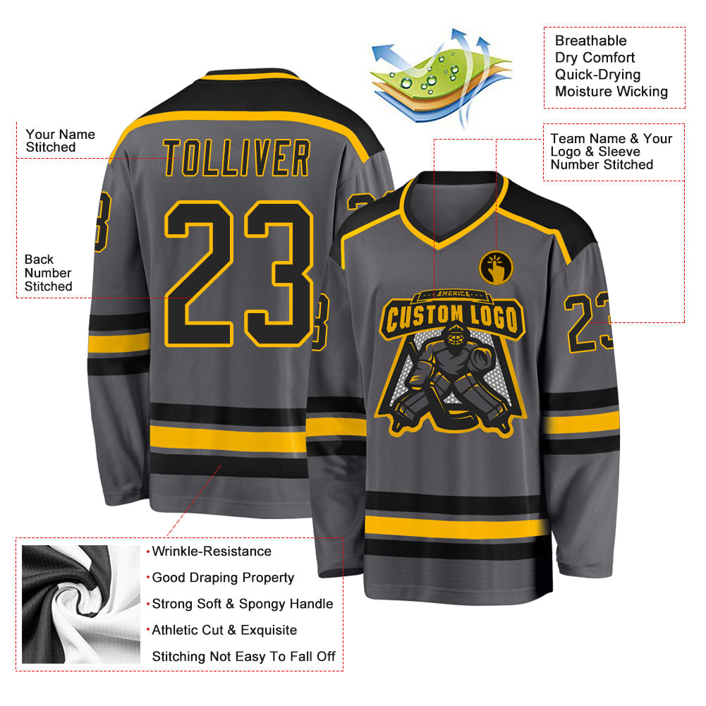Custom Steel Gray Black-Gold Hockey Jersey view 3