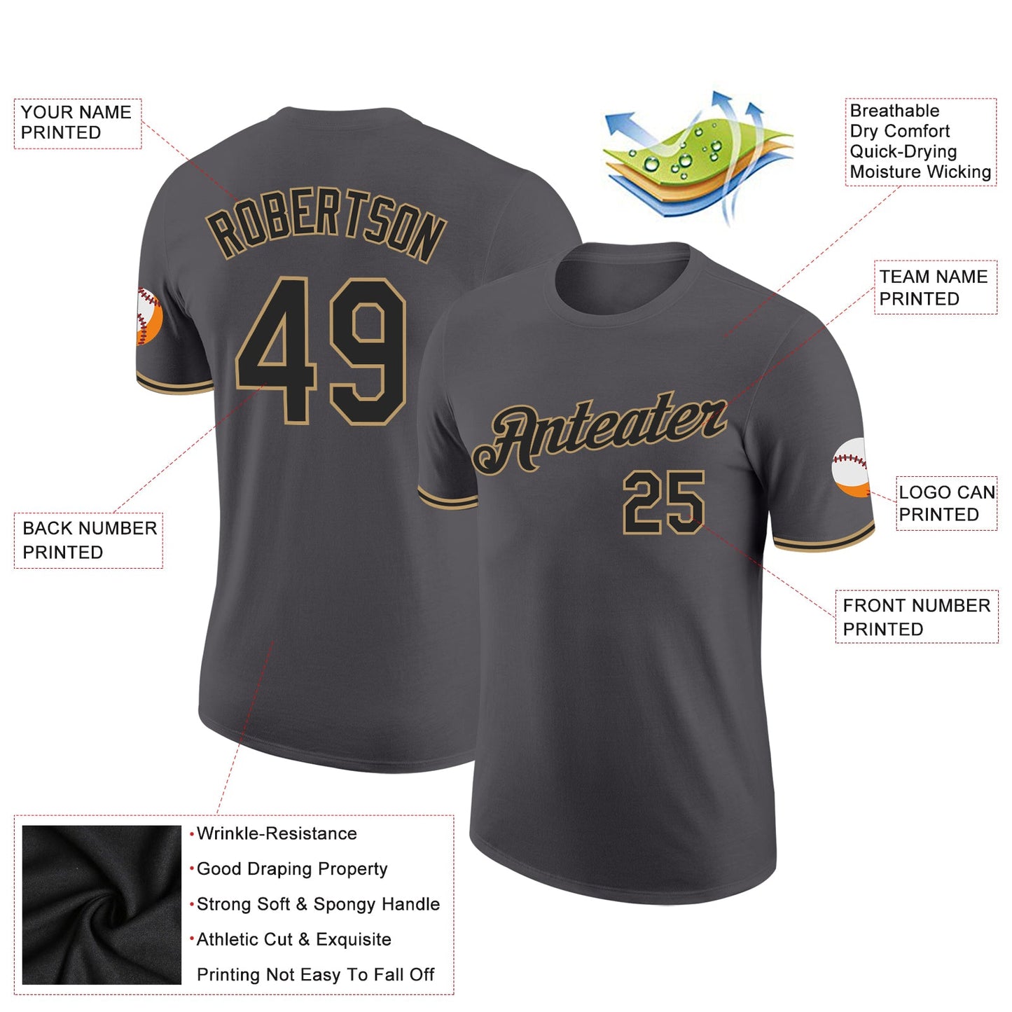 Custom Steel Gray Black-Old Gold Performance T-Shirt view 2