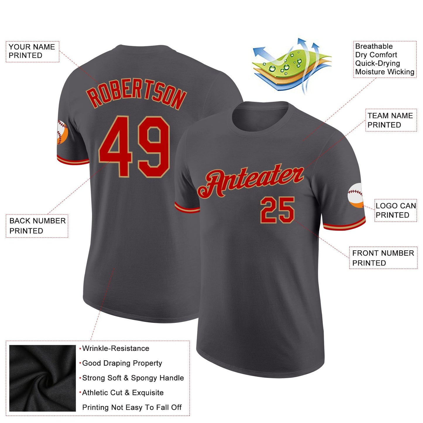 Custom Steel Gray Red-Old Gold Performance T-Shirt view 2