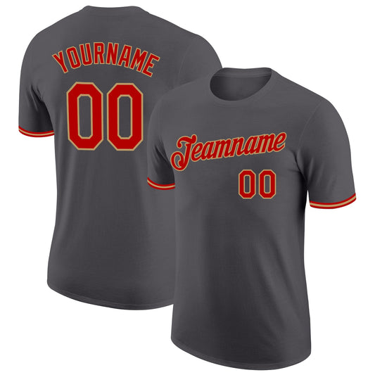 Custom Steel Gray Red-Old Gold Performance T-Shirt - Main View