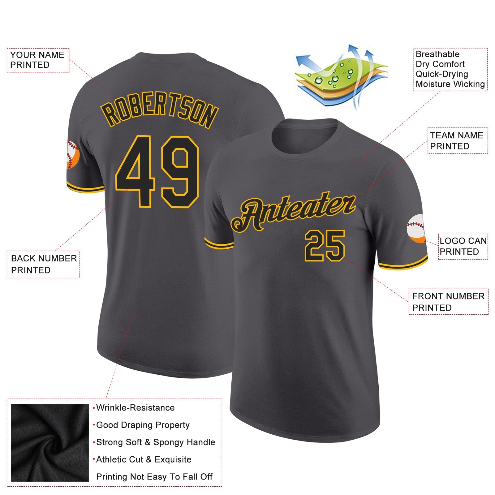 Custom Steel Gray Black-Gold Performance T-Shirt view 2