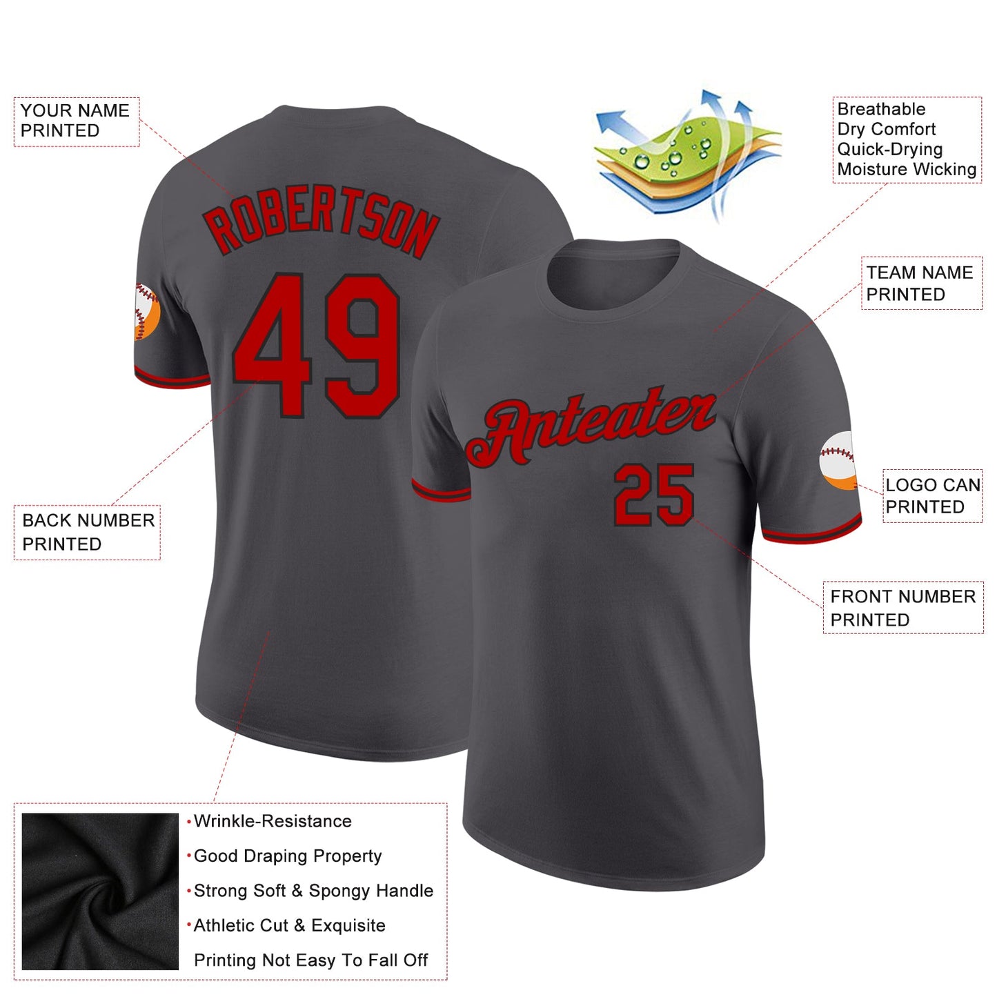 Custom Steel Gray Red-Black Performance T-Shirt view 2