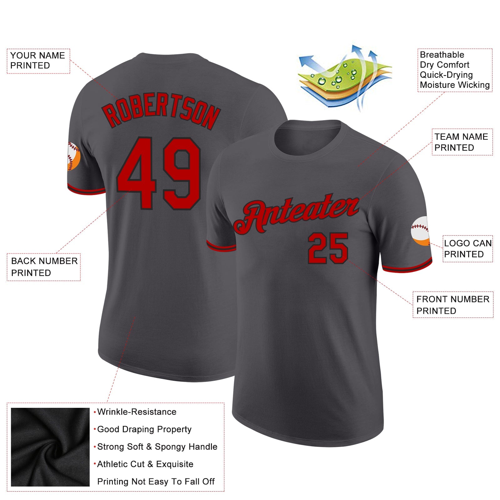 Custom Steel Gray Red-Black Performance T-Shirt view 2