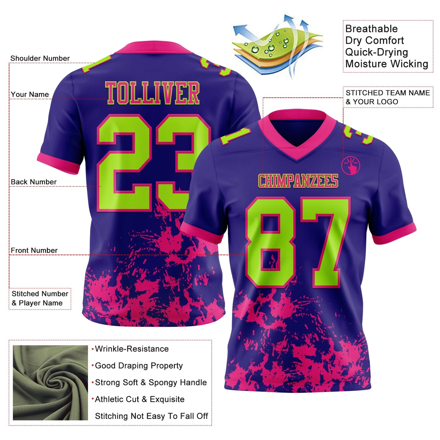 Custom Dark Purple Neon Green-Hot Pink 3D Pattern Splash Authentic Football Jersey view 3