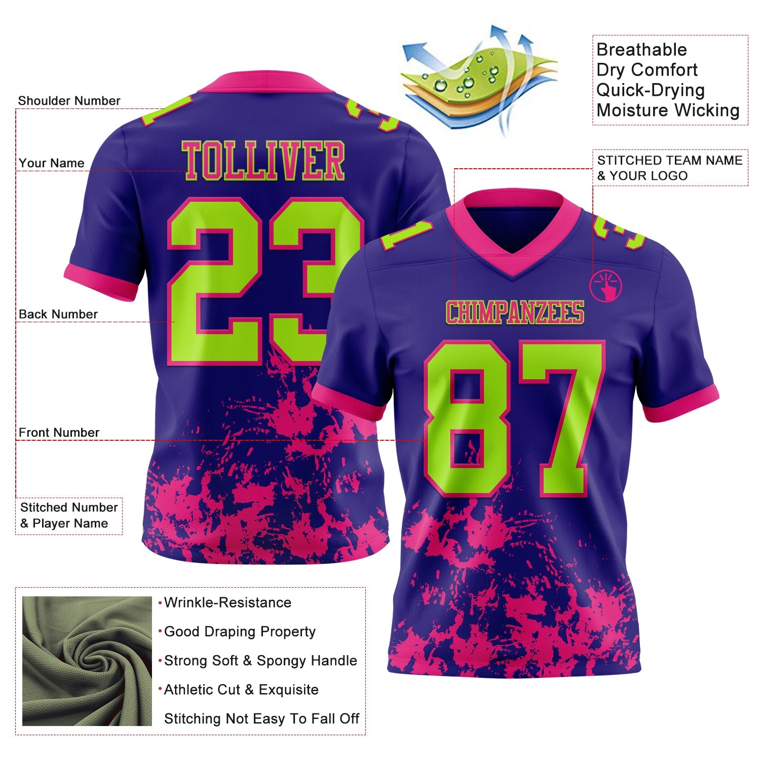 Custom Dark Purple Neon Green-Hot Pink 3D Pattern Splash Authentic Football Jersey view 3