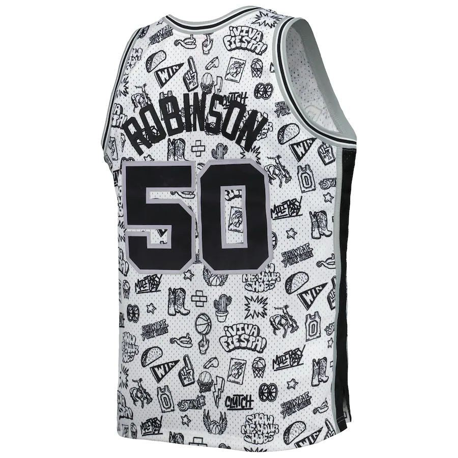 S.Antonio Spurs #50 David Robinson Mitchell & Ness 1998-99 Hardwood Classics Doodle Swingman Player Jersey White Stitched American Basketball Jersey - Main View