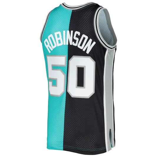 S.Antonio Spurs #50 David Robinson Mitchell & Ness Hardwood Classics 1998-99 Split Swingman Jersey Black-Teal Stitched American Basketball Jersey - Main View