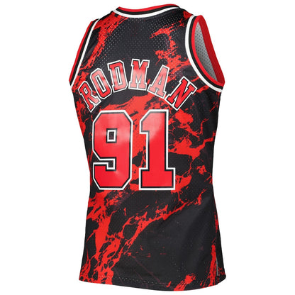 C.Bulls #91 Dennis Rodman Mitchell & Ness 1995-96 Hardwood Classics Marble Swingman Jersey Black Stitched American Basketball Jersey - Main View