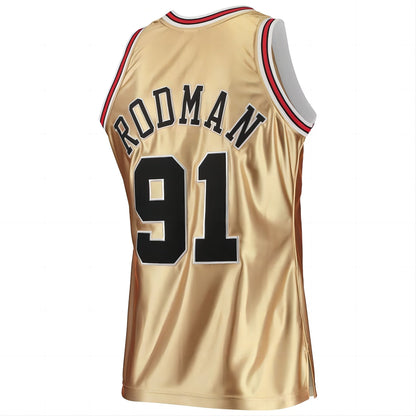 C.Bulls #91 Dennis Rodman Mitchell & Ness 75th Anniversary 1997-98 Hardwood Classics Swingman Jersey Gold Stitched American Basketball Jersey - Main View