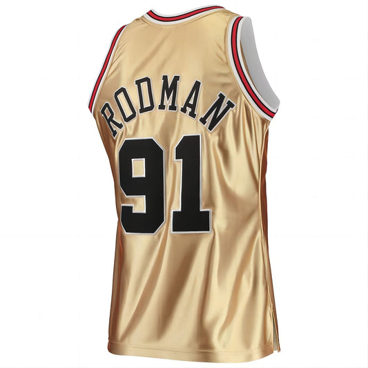 C.Bulls #91 Dennis Rodman Mitchell & Ness 75th Anniversary 1997-98 Hardwood Classics Swingman Jersey Gold Stitched American Basketball Jersey - Main View