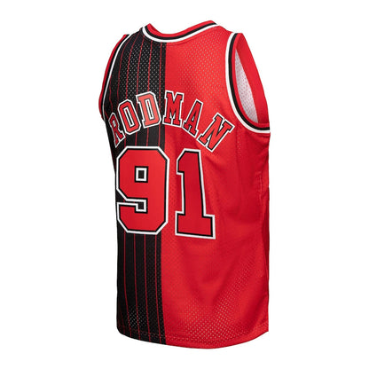 C.Bulls #91 Dennis Rodman Mitchell & Ness Big & Tall Hardwood Classics 1995-96 Split Swingman Jersey Red Black Stitched American Basketball Jersey - Main View