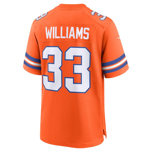 D.Broncos #33 Javonte Williams Orange Mile High Collection 1977 Throwback Player Game Football Jerseys - Main View
