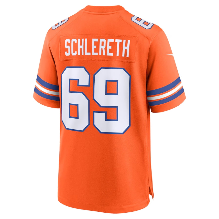 D.Broncos #69 Mark Schlereth Orange Mile High Collection 1977 Throwback Retired Player Game Football Jerseys - Main View