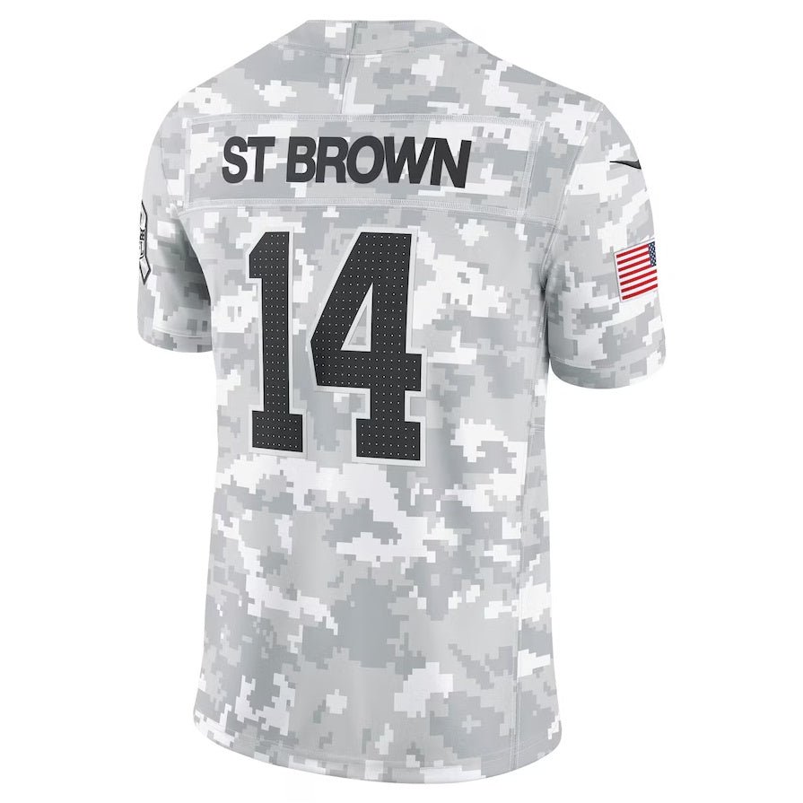 D.Lions #14 Amon-Ra St. Brown Arctic Camo 2024 Salute to Service Limited Stitched American Football Jerseys - Main View