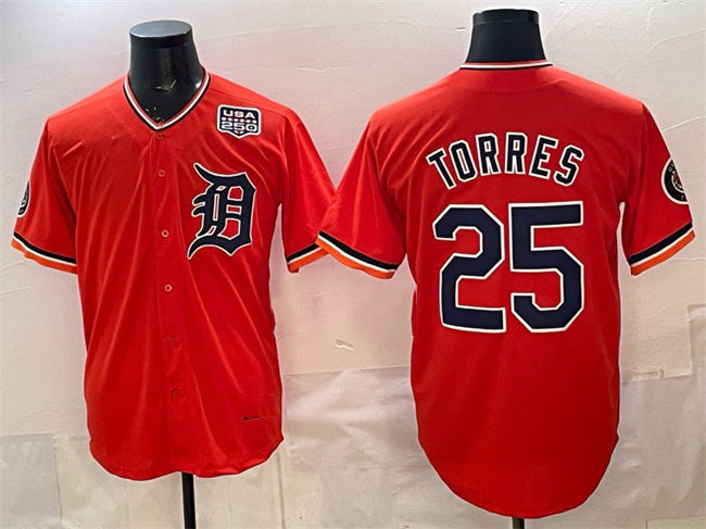Detroit Tigers #25 Gleyber Torres Orange 2026 Alternate USA 250' Patch Vapor Premier Limited Stitched Baseball Jersey - Main View