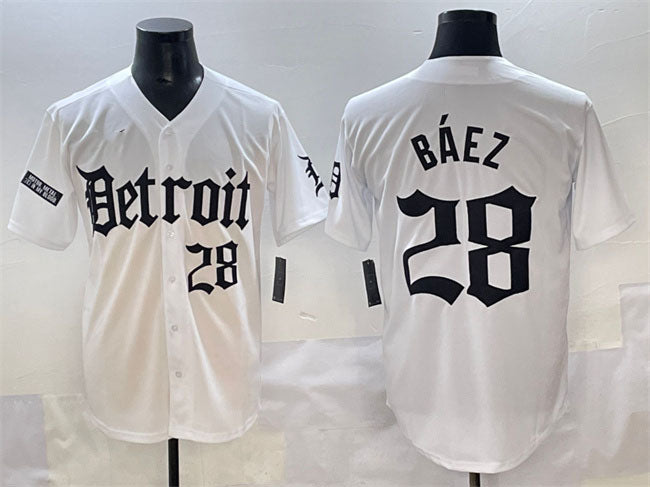 Detroit Tigers #28 Javier Báez White 'Motor Gothic Edition' Vapor Premier Limited Stitched Baseball Jersey - Main View