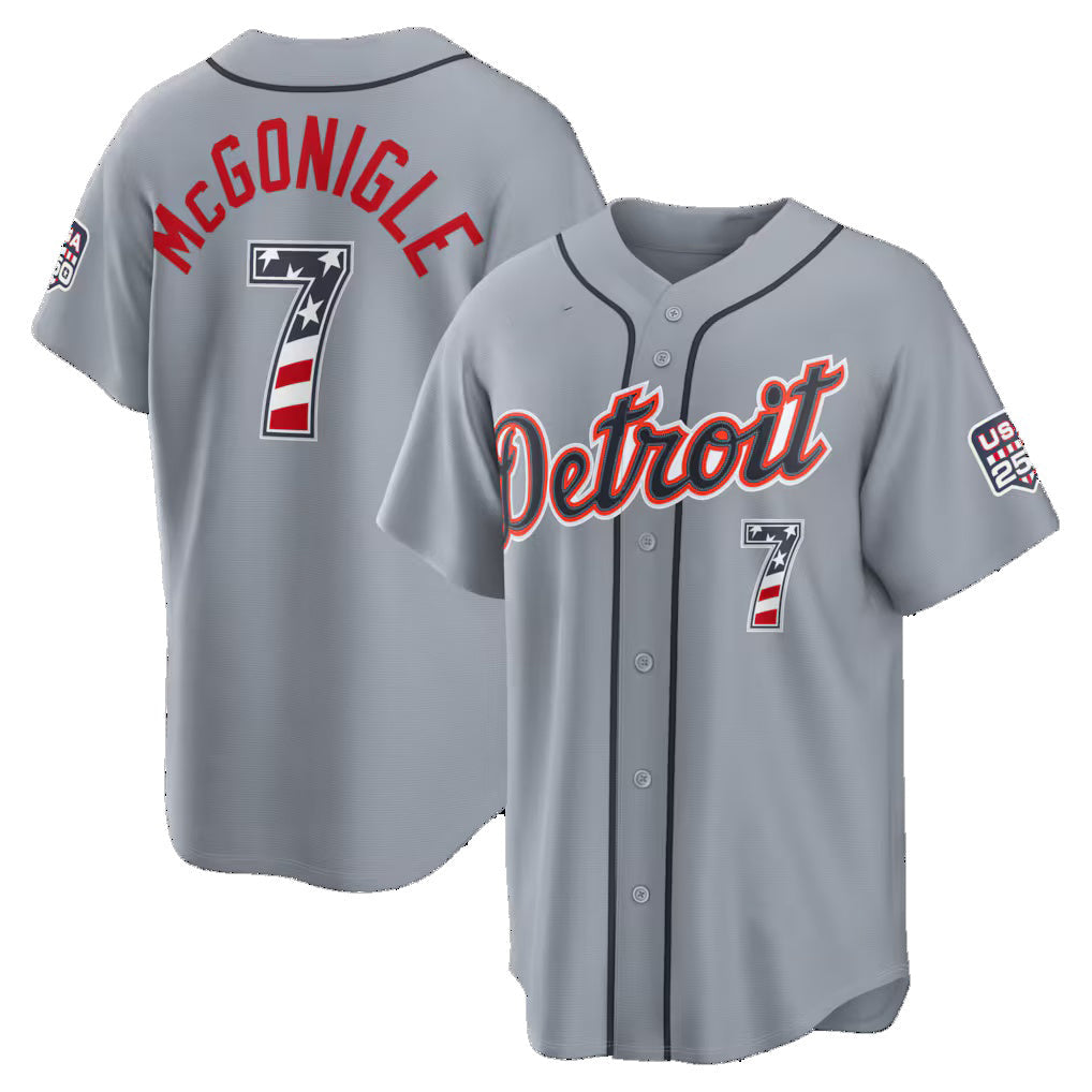 Detroit Tigers #7 Kevin McGonigle Gray USA 250 Fourth of July Road Stadium Jersey - Main View