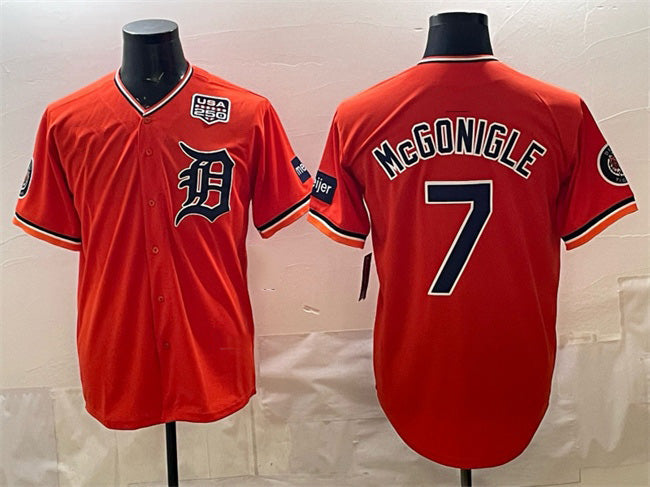 Detroit Tigers #7 Kevin McGonigle Orange 2026 Alternate With Meijer Patch & USA 250' Patch Vapor Premier Limited Stitched Baseball Jersey - Main View