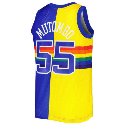 D.Nuggets #55 Dikembe Mutombo Mitchell & Ness Hardwood Classics 1991-92 Split Swingman Jersey Royal Gold Stitched American Basketball Jersey - Main View