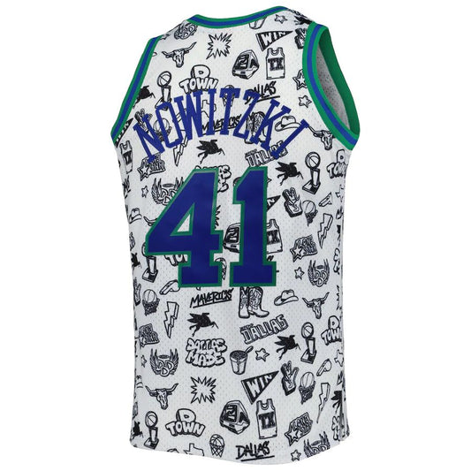 D.Mavericks #41 Dirk Nowitzki Mitchell & Ness 1998-99 Hardwood Classics Doodle Swingman Jersey White Stitched American Basketball Jersey - Main View