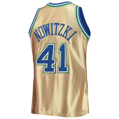 D.Mavericks #41 Dirk Nowitzki Mitchell & Ness 75th Anniversary 1998-99 Hardwood Classics Swingman Jersey Gold Stitched American Basketball Jersey - Main View