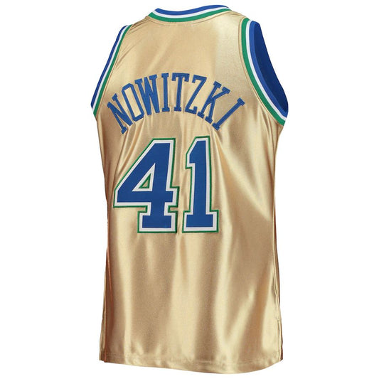 D.Mavericks #41 Dirk Nowitzki Mitchell & Ness 75th Anniversary 1998-99 Hardwood Classics Swingman Jersey Gold Stitched American Basketball Jersey - Main View