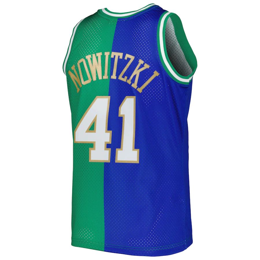 D.Mavericks #41 Dirk Nowitzki Mitchell & Ness Hardwood Classics 1998-2019 Split Swingman Jersey Blue Green Stitched American Basketball Jersey - Main View