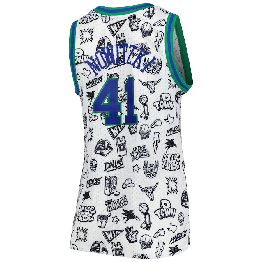 D.Mavericks #41 Dirk Nowitzki Mitchell & Ness Women's 1998 Doodle Swingman Jersey White Stitched American Basketball Jersey - Main View