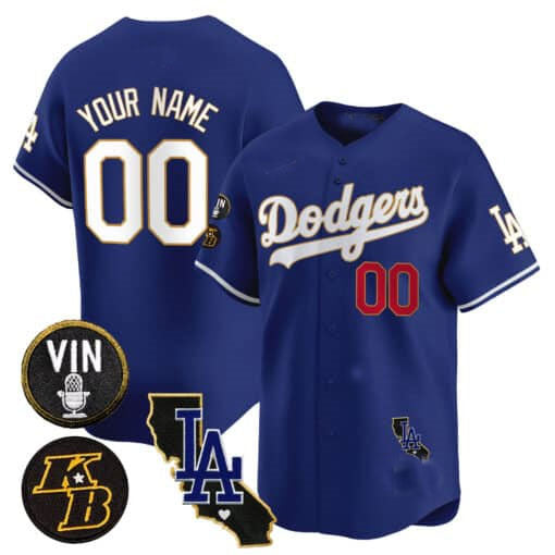 Custom Los Angeles Dodgers Vin Patch & Kobe Bryant Gold Trim Vapor Premier Limited V2 – All Stitched Baseball Jersey view 2