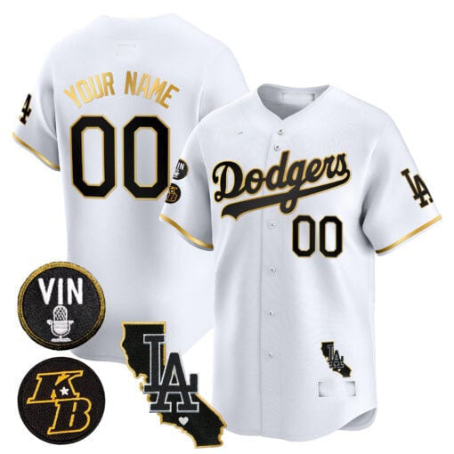 Custom Los Angeles Dodgers Vin Patch & Kobe Bryant Gold Trim Vapor Premier Limited V2 – All Stitched Baseball Jersey view 4
