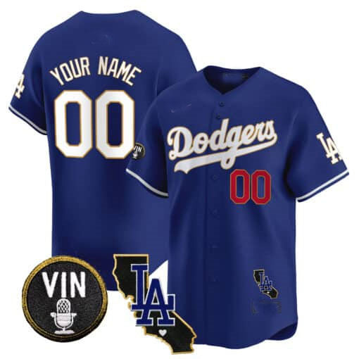 Custom Los Angeles Dodgers Vin & California Patch Gold Trim Vapor Premier Limited – All Stitched Baseball Jersey - Main View