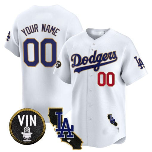 Custom Los Angeles Dodgers Vin & California Patch Gold Trim Vapor Premier Limited – All Stitched Baseball Jersey view 4