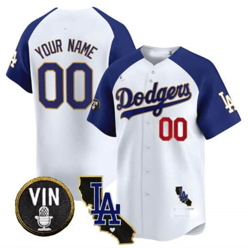 Custom Los Angeles Dodgers Vin & California Patch Gold Trim Vapor Premier Limited – All Stitched Baseball Jersey view 2