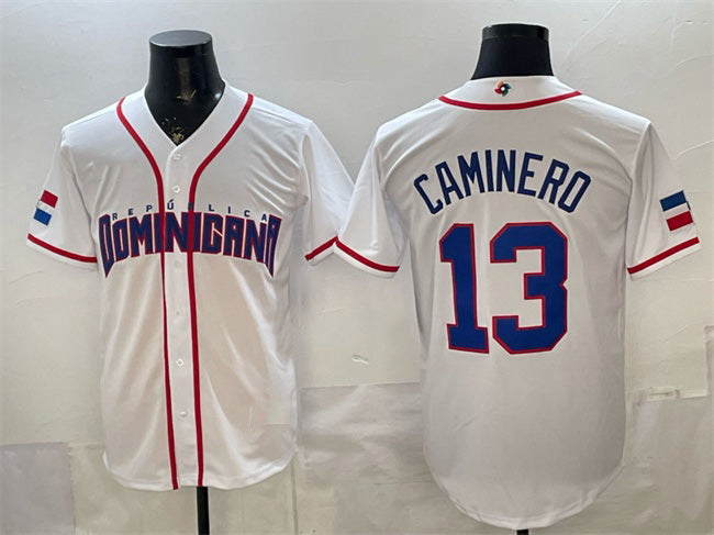Dominican Republic Baseball #13 Junior Caminero White 2026 World Baseball Classic Home Stadium Stitched Baseball Jersey - Main View