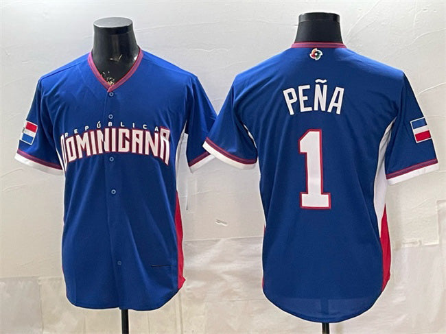 Dominican Republic Baseball #1 Jeremy Pena Royal 2026 World Baseball Classic Road Stadium Stitched Baseball Jersey - Main View