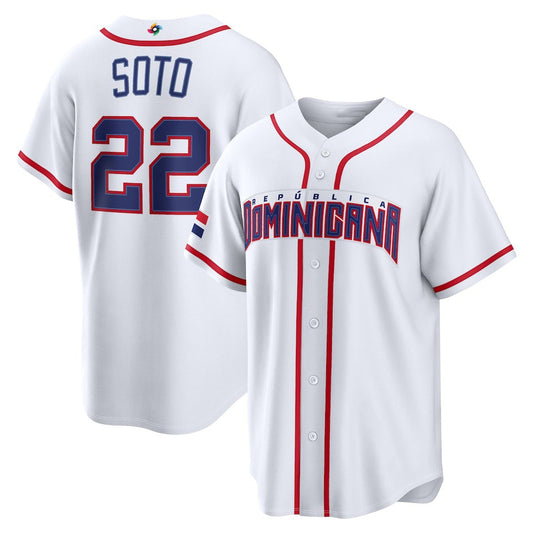 Dominican Republic Baseball #22 Juan Soto 2026 World Baseball Classic Home Stadium Jersey - White Baseball Jersey Tailgate Goods - Main View