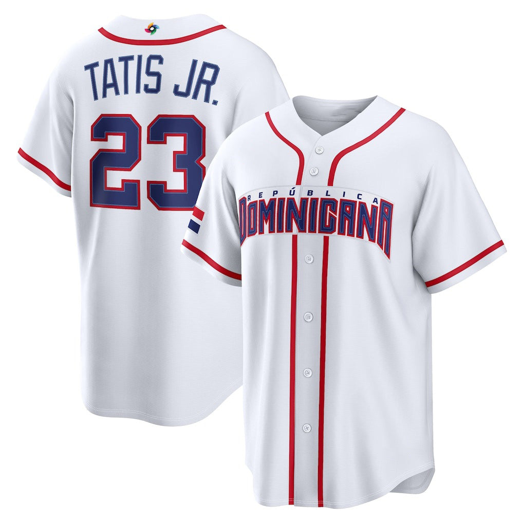 Dominican Republic Baseball #23 Fernando Tatis Jr. 2026 World Baseball Classic Home Stadium Jersey - White Baseball Jersey Tailgate Goods - Main View