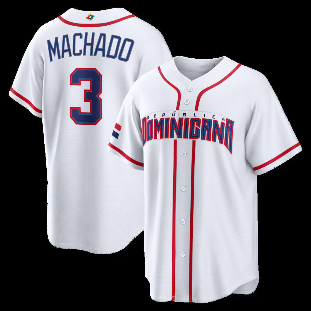 Dominican Republic Baseball #3 Manny Machado 2026 World Baseball Classic Home Stadium Jersey - White Baseball Jersey Tailgate Goods - Main View