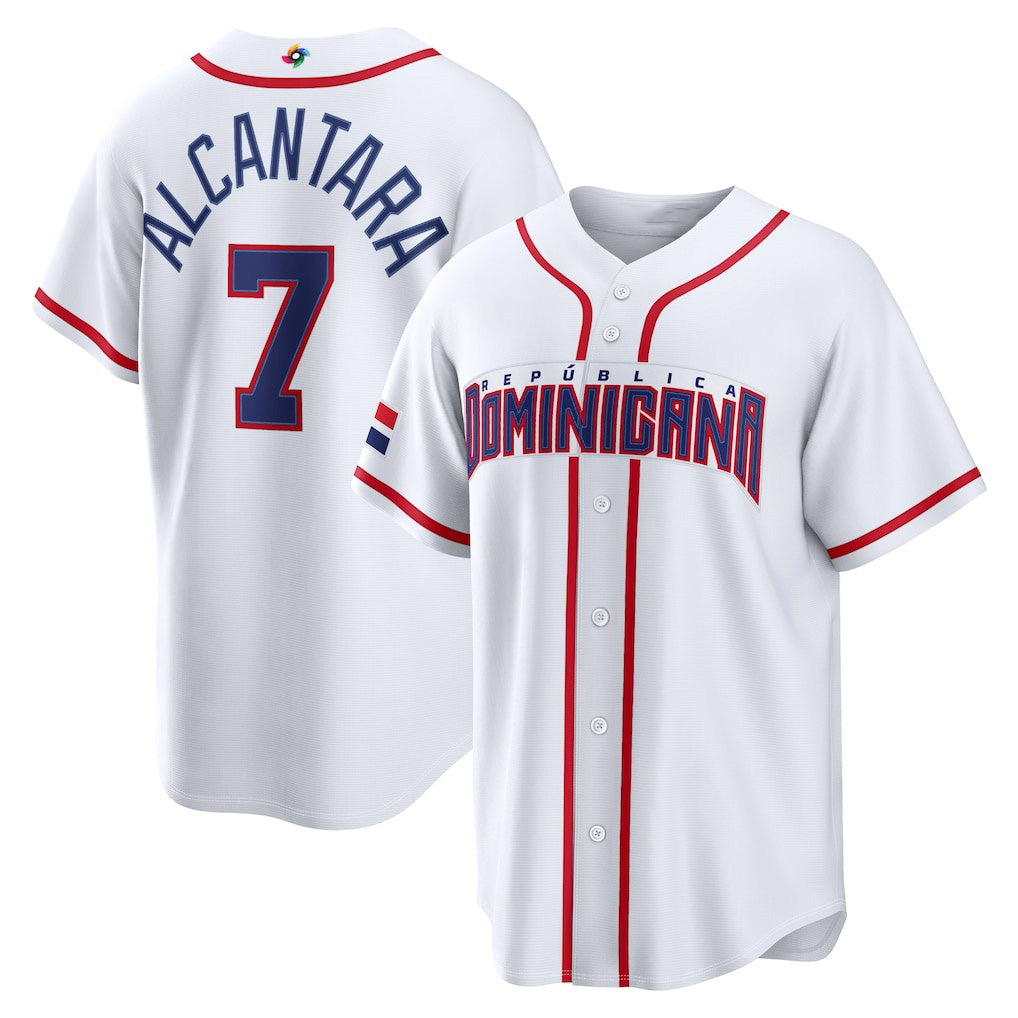 Dominican Republic Baseball #7 Sandy Alcantara 2026 World Baseball Classic Home Stadium - White Baseball Jersey Tailgate Goods - Main View