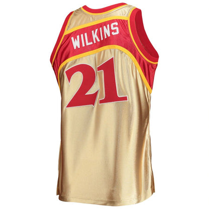 A.Hawks #21 Dominique Wilkins Mitchell & Ness 75th Anniversary 1986-87 Hardwood Classics Swingman Jersey Gold Stitched American Basketball Jersey - Main View