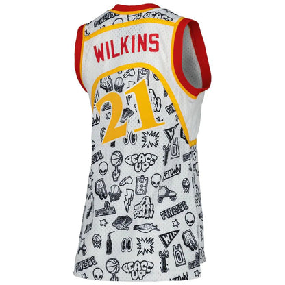 A.Hawks #21 Dominique Wilkins Mitchell & Ness Women's 1986 Doodle Swingman Jersey White Stitched American Basketball Jersey - Main View