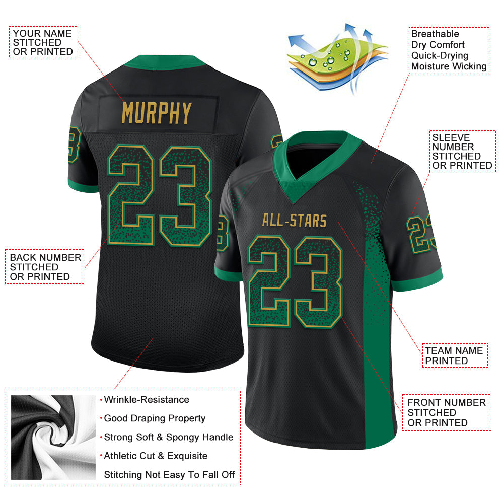 Custom Black Kelly Green-Old Gold Drift Fashion Football Jersey view 3