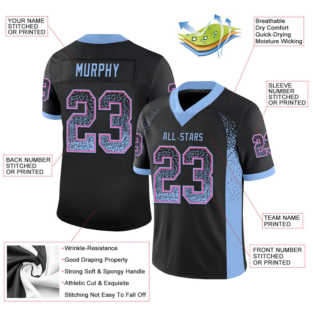Custom Black Light Blue-Pink Drift Fashion Football Jersey view 3