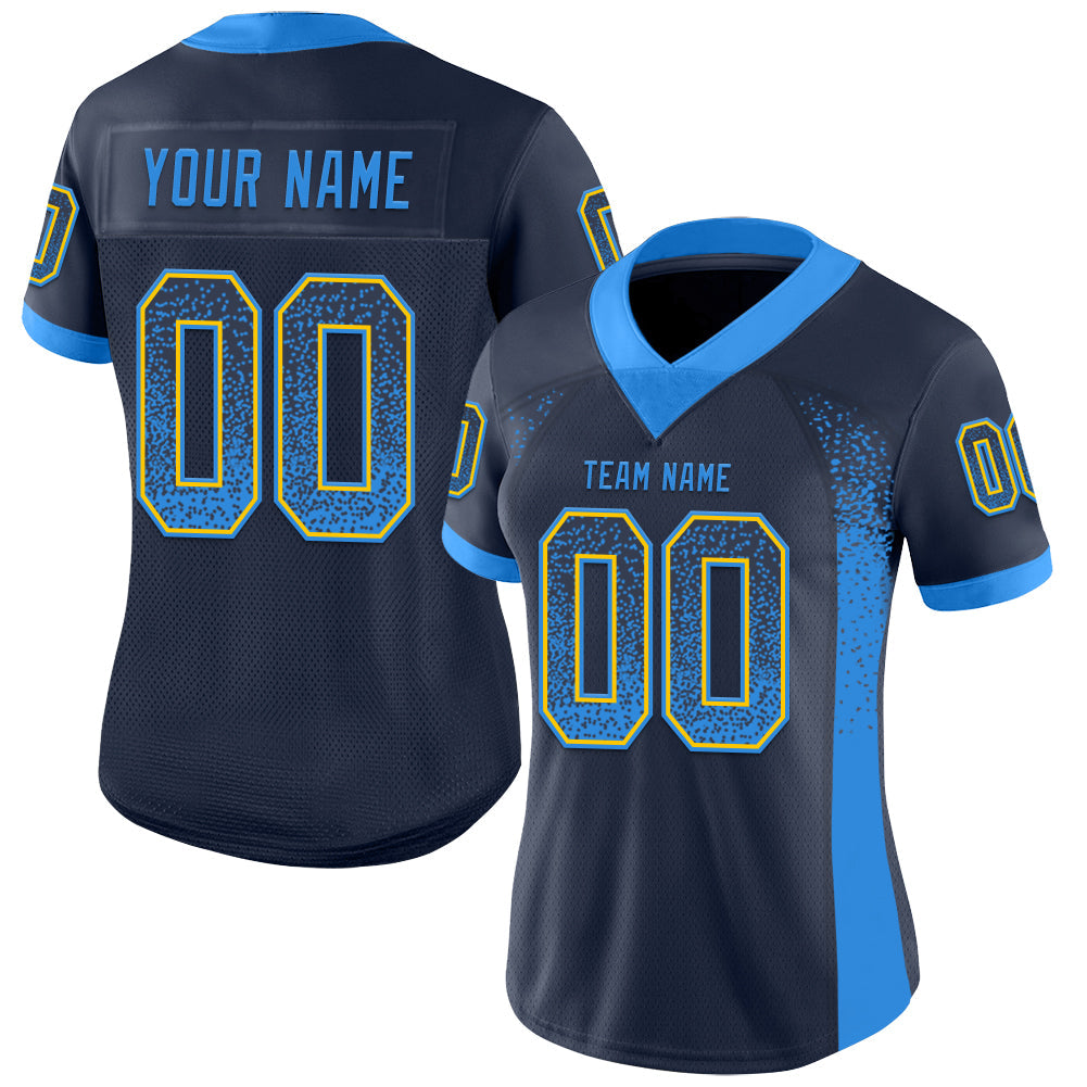 Custom Navy Powder Blue-Yellow Drift Fashion Football Jersey view 2